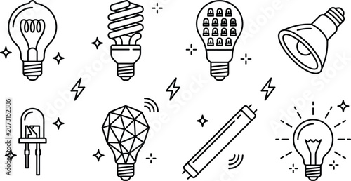 Fotografía Light bulb and energy line icon set featuring fluorescent LED halogen smart and