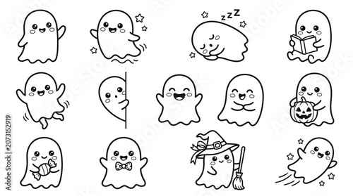Foto Halloween ghosts perform actions with smiling faces and stars around them in illustrations