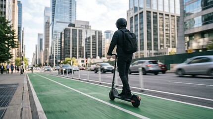 Person Riding Electric Scooter City Bike Lane Urban Mobility