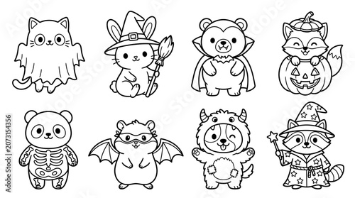 Cute cartoon animals in Halloween costumes playfully illustrated in black and white line art style.