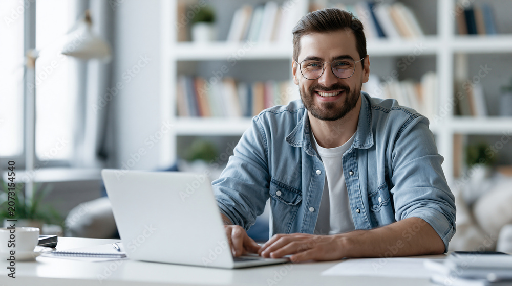 Fototapeta premium Young man with glasses and beard smiling while working on a laptop in a home office setting