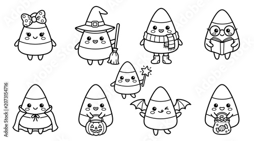 Halloween egg characters in various costumes and poses are illustrated in a black and white drawing
