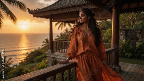 Young Asian Woman in Flowing Terracotta Dress Standing on Tropical Villa Balcony at Golden Hour