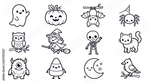 Halloween icons featuring a ghost, pumpkin, bats, spider, owl, witch, skeleton, cat, monster, ice cream, moon, and bird in a festive illustration.