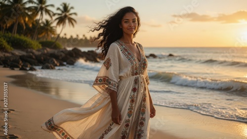 Young Asian Woman in Flowing White Embroidered Dress Standing on Tropical Beach at Golden Hour