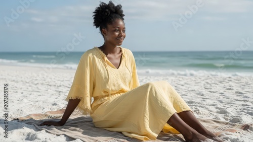 Young Black Woman in Flowing Yellow Dress Sitting on Beach Towel at Sunny Tropical Beach