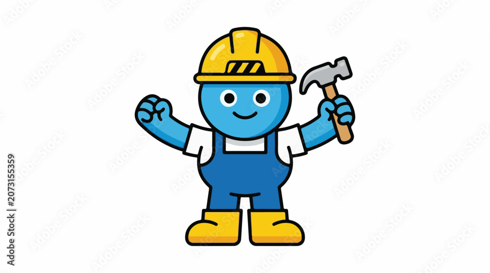 Fototapeta premium A cheerful cartoon character wearing a yellow hard hat and holding a hammer