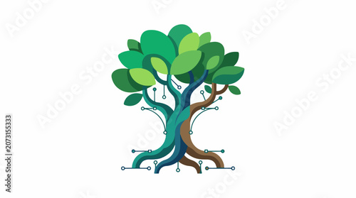 A stylized tree with green leaves and a brown trunk and blue and green circuit-like lines