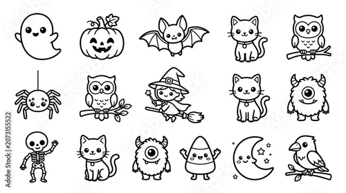 Halloween themed illustrations of various spooky and cute creatures are shown in black and white.
