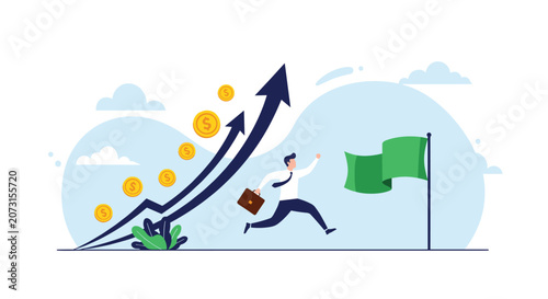 Determined businessman runs towards a green goal flag alongside rising financial arrows and gold coins to show rapid business growth and profit.