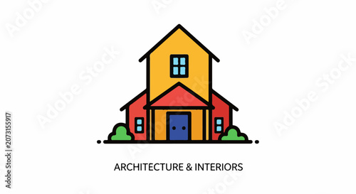 Colorful house with red lower part yellow upper part blue door and green bushes