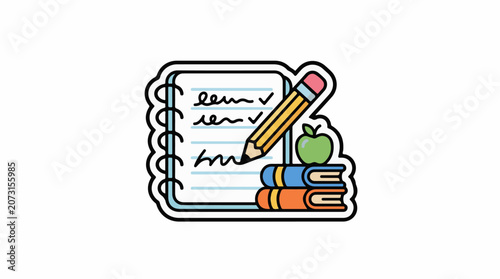 Colorful illustration of notebook pencil books and apple