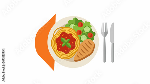 Colorful plate with pasta bread salad and utensils on a white background