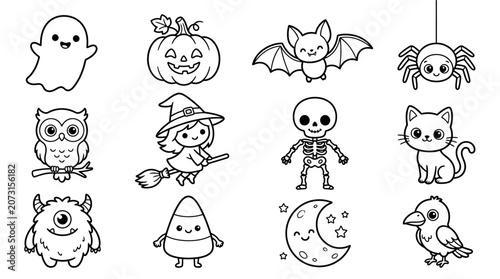 Halloween-themed illustrations of various creatures and characters are depicted in a spooky yet friendly scene.