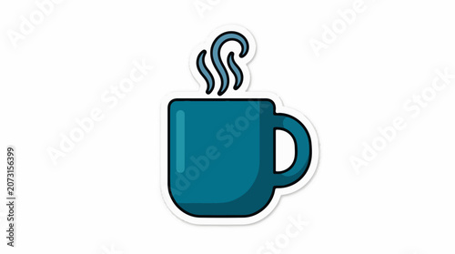 A graphic illustration of a teal coffee mug with steam rising