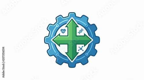 A green cross with arrows surrounded by a blue gear and icons