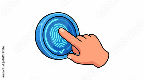 A hand pressing a blue fingerprint scanner button
