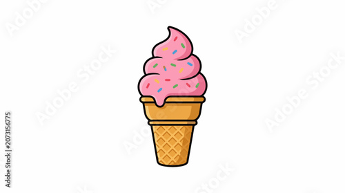 A pink ice cream with sprinkles in a waffle cone