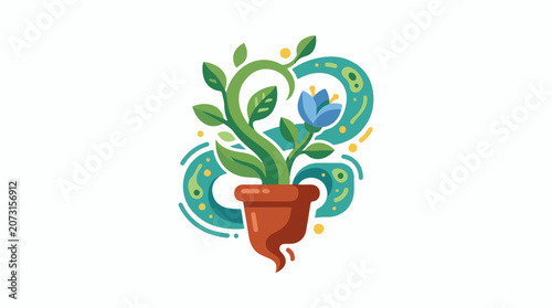 A potted plant with green leaves and a blue flower