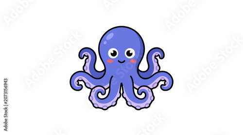 A purple cartoon octopus with eight curly tentacles and a happy face
