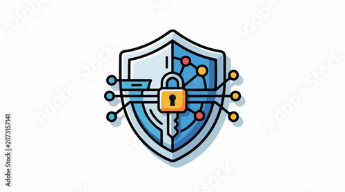 A shield with a lock and circuits on it symbolizing protection and security