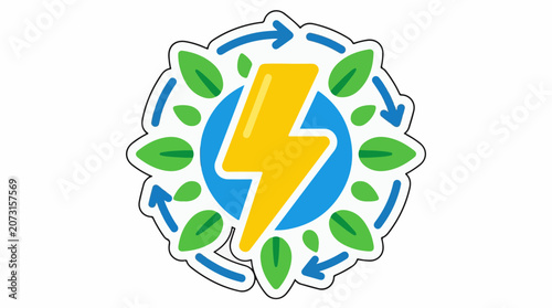 A stylized yellow lightning bolt within a blue circle surrounded by green leaves and recycling arrows