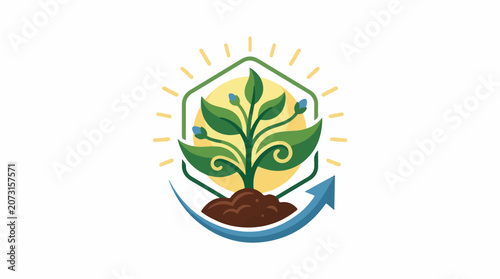 A stylized plant with green leaves and blue buds grows from brown soil surrounded by a green shield and yellow sun rays