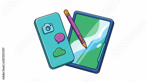 A stylus pen on a tablet with a green map and a smartphone with icons