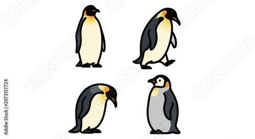 Cartoon-style illustration of four penguins in different poses