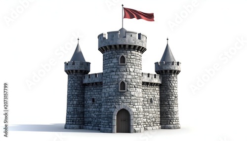 Majestic Stone Castle with Red Flag Against White Background.