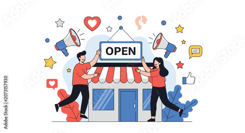 Happy business owners holding up a large open sign in front of their new store to celebrate their grand opening day.