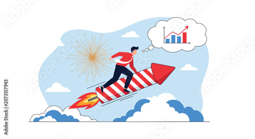 Ambitious businessman riding a fast firework rocket while thinking about rapid financial growth and market success.
