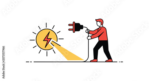 Innovative man connecting an electrical plug into the sun to harness renewable solar energy for a sustainable green future.