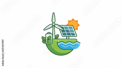 Illustration of eco-friendly energy sources on a green planet