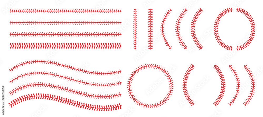 Obraz premium Red baseball seam designs with straight lines, curves, and arcs.