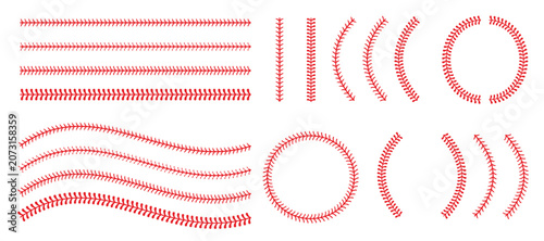 Foto Red baseball seam designs with straight lines, curves, and arcs.