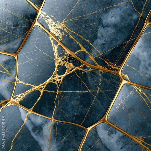 Dark blue marble with golden veins and geometric pattern seen from above