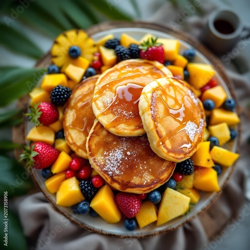 Gourmet breakfast platter with pancakes and fruits, hotel buffet concept