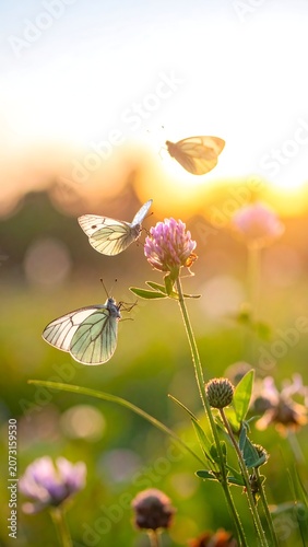 Butterflies dance around wildflowers in golden sunset glow