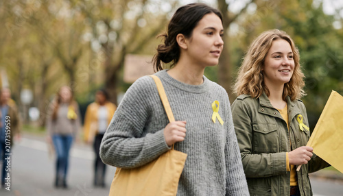 Two young women participating in outdoor rally with yellow ribbons  