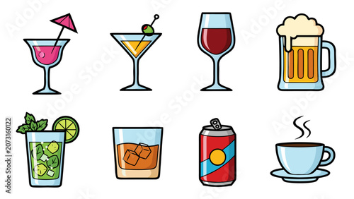 Collection of diverse beverage icons including cocktails, wine, beer, soda, and coffee