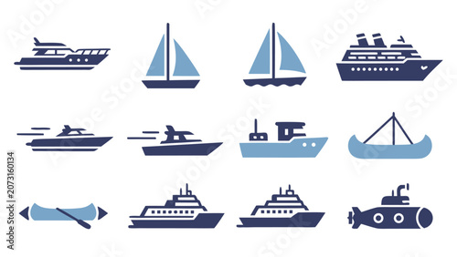 Collection of diverse watercraft icons including yachts, sailboats, cruise ships, and submarines