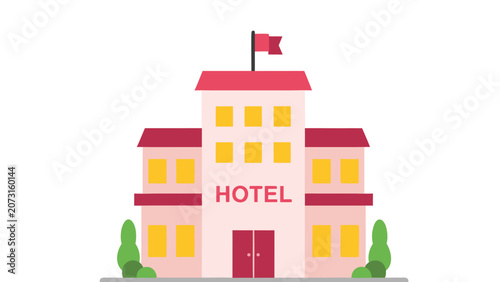 Stylized flat illustration of a hotel building with a flag on top and trees on the side