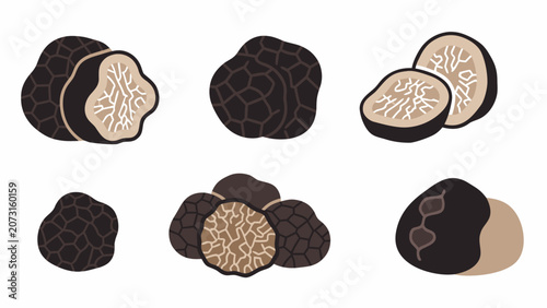 Collection of black truffles, whole and sliced, with intricate patterns