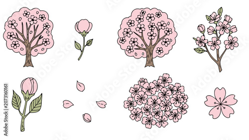 Hand-drawn cherry blossom elements including trees, flowers, buds, and petals
