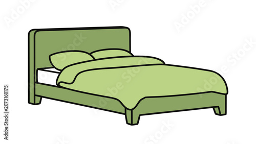 Simple illustration of a green bed with pillows and a duvet on a white background