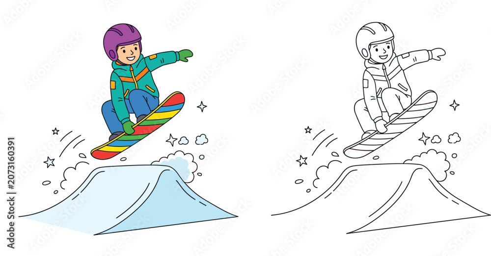 Fototapeta premium Cute boy snowboarding jump cartoon illustration with black and white coloring page outline
