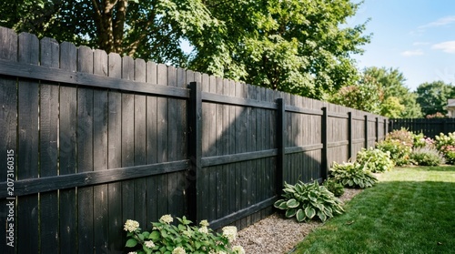 A black wooden fence with green grass and trees in the background.