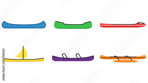 Collection of colorful canoes, kayaks, and a sailboat on a white background