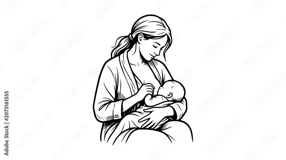 Fototapeta premium Gentle Line Art Illustration of a Mother Breastfeeding Her Newborn Baby
